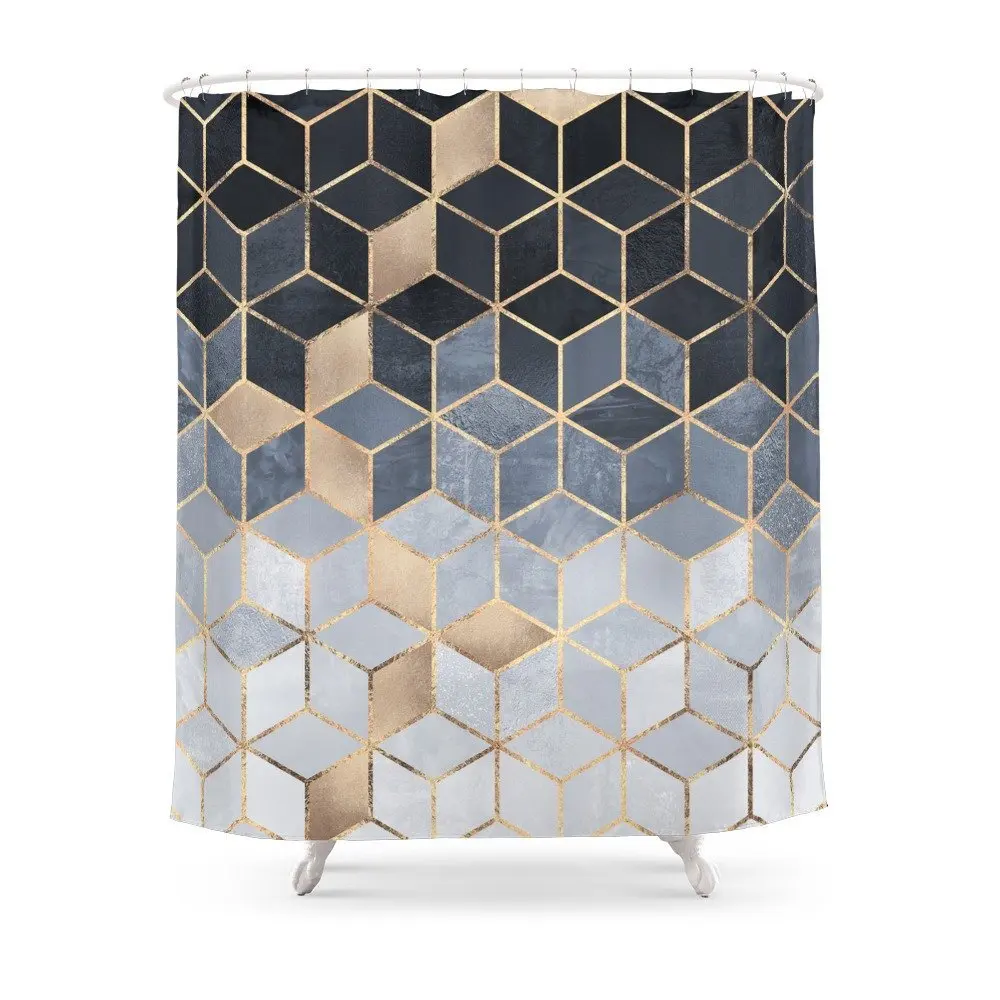 

Soft Blue Gradient Cubes Shower Curtain Mat Polyester Fabric Bathroom Home Decoration Waterproof Shower Curtains with Hooks
