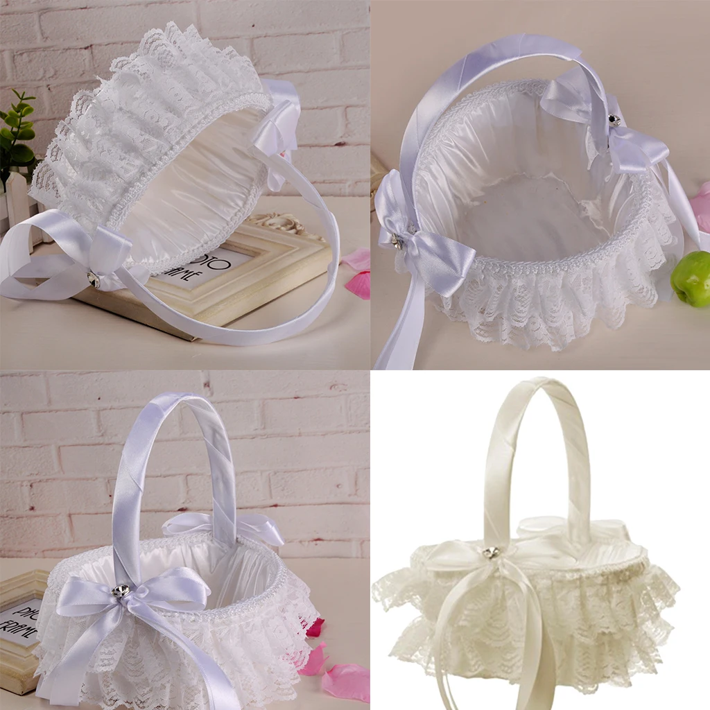 Wedding Flower Baskets Lace & Ribbon Bride Bridesmaid Wedding Bouquet White Flower Basket Flower Girl Basket