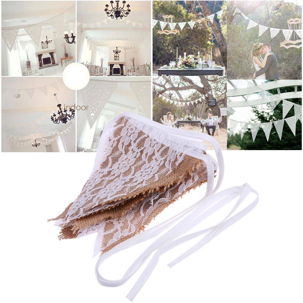 

3.2M 12 Flags Rustic Wedding Decoration Vintage Burlap Banner Haning Bunting Banner Lace Photo Booth Prop Garland Party Supply