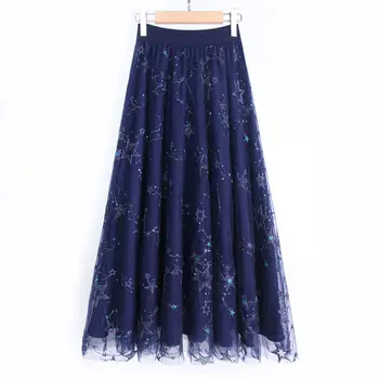 

Yocalor 2019 Sequins Embroidery High Waist Women Summer Beige Skirt A-Line Mesh Women Long Skirt Black Midi Skirt Female Saias