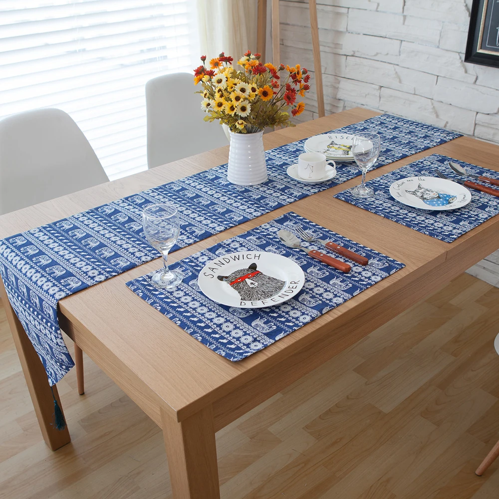 

Lychee Vintage Elephant Printed Table Runner Japanese Style Blue Table Runner for Wedding Party Home
