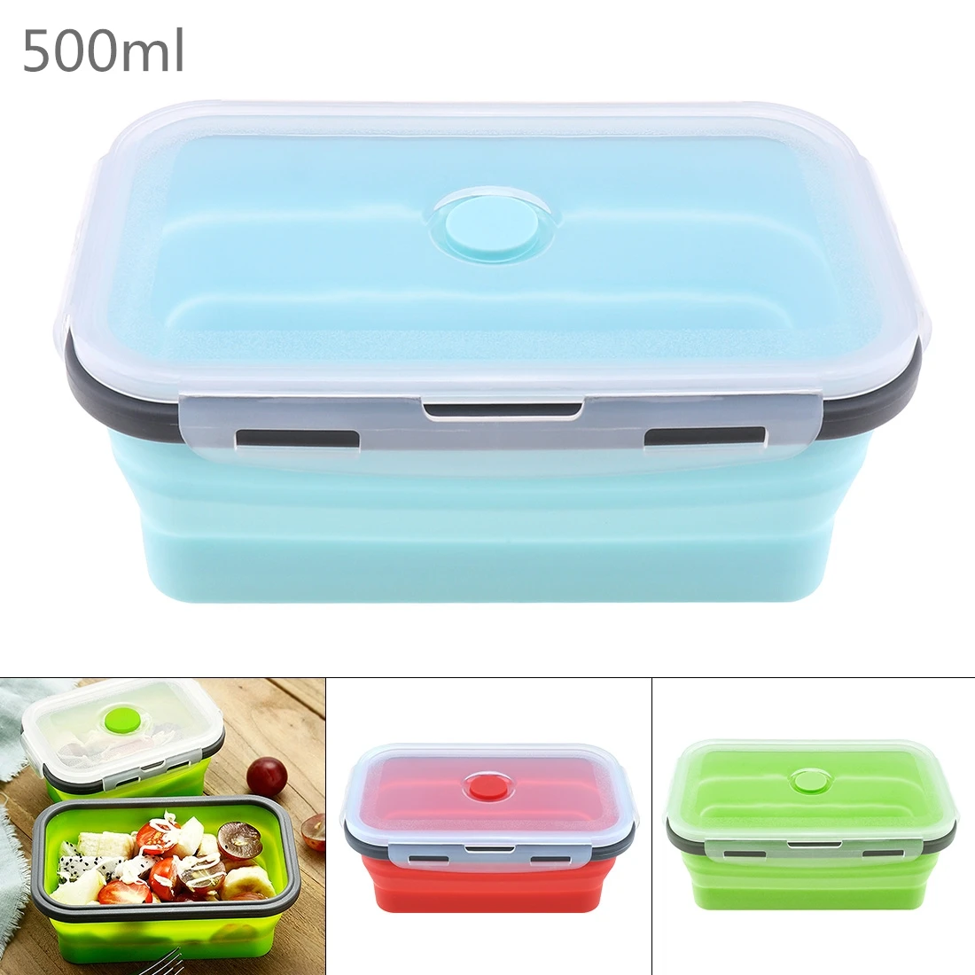 

500ML Silicone Lunch Box Rectangle Folding Food Container Portable Bowl Three Colors Lunch box Eco-Friendly