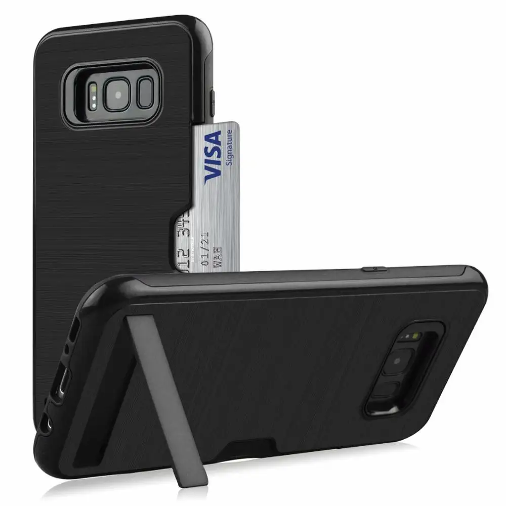 

Slim Fit shockproof hard Kickstand Case with built-in Credit Card/ID Slot Brushed Metal Texture for samsung galaxy s8/s8 plus