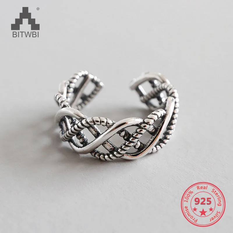 

925 Sterling Silver Retro Vintage Rings Thai Silver Creative Personality Interweave Twist Open Female Ring