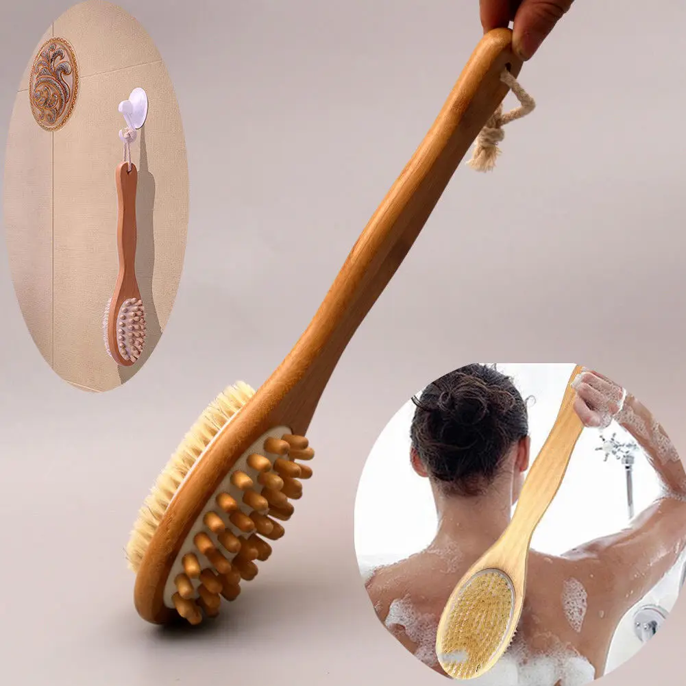 2 in 1 Natural Long Wooden Bristle Body Brush Shower Bath Brushes Skin