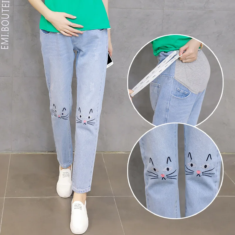 

HI BLOOM Casual Maternity Belly Prop Pants Denim Pregnant Fashion Lovely Mouse Pattern Maternity Clothes Summer Spring Trousers