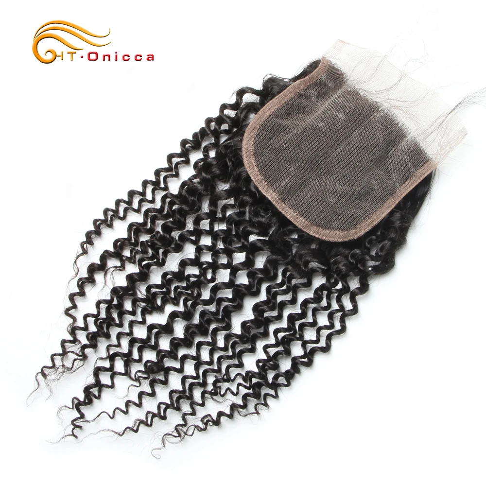 

Onicca Indian Kinky Curly Lace Closure Natural Color 4x4 Free Middle Three Part With Bady Hair Non Remy Human Hair Closure