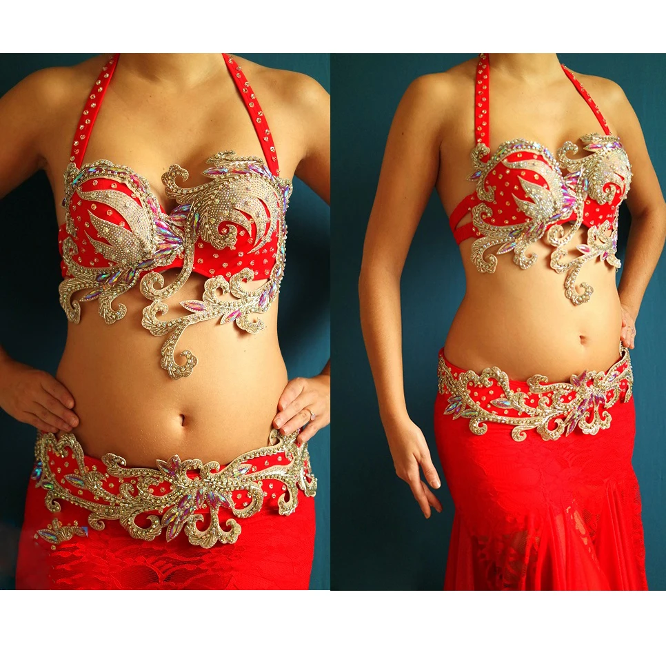 Oriental Egyptian Belly Dance Bedlah Beaded Bra &Skirt Dancing Costume 2Pc  Dress