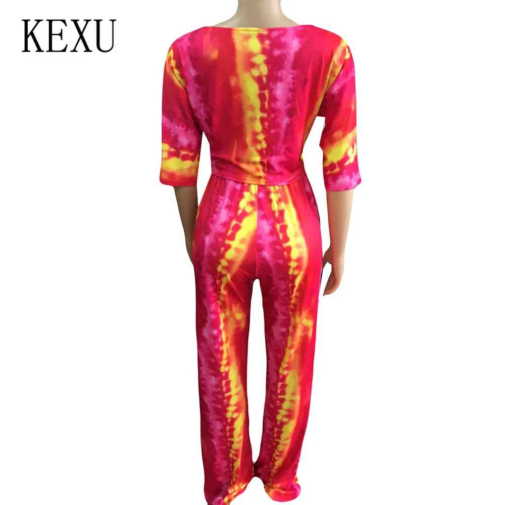 KEXU Retro Tie Dyed 2 Pieces Sets Half Sleeve O Neck Top and Loose Pants Elegant Women Casual Playsuits Femme Summer Mono Mujer KEXU Retro Tie Dyed 2 Pieces Sets Half Sleeve O Neck Top and Loose Pants Elegant Women Casual Playsuits Femme Summer Mono Mujer