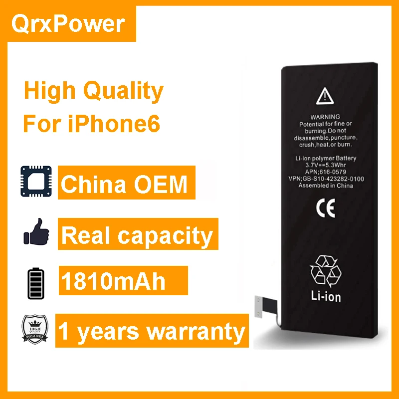 

QrxPower 10 pcs/lot High Quality Battery Real Capacity 1810mAh Replacement Li-ion Battery for iphone 6 1 year warranty