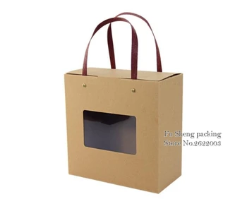 

210*105*210mm Kraft Paper Candy Fruit Packing Box With Handle Stand Up Gift Craft Package Paperboard Boxes Window 50pcs/lot