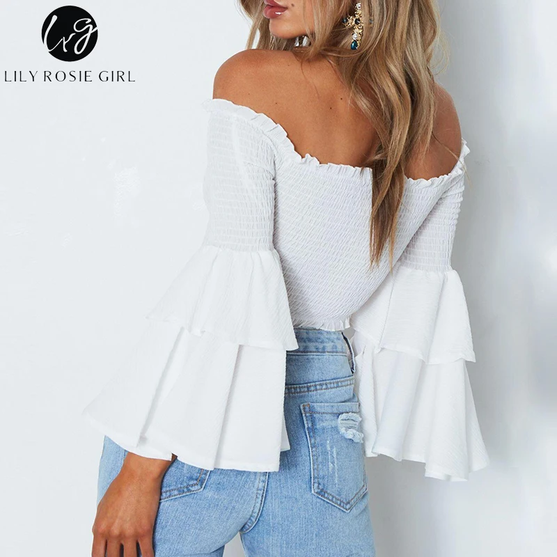 Lily Rosie Girl Off Shoulder Yellow Blouse Shirt Women Sexy Ruffle Short Blusas Femme Butterfly Long Sleeve Summer Beach CropTop
