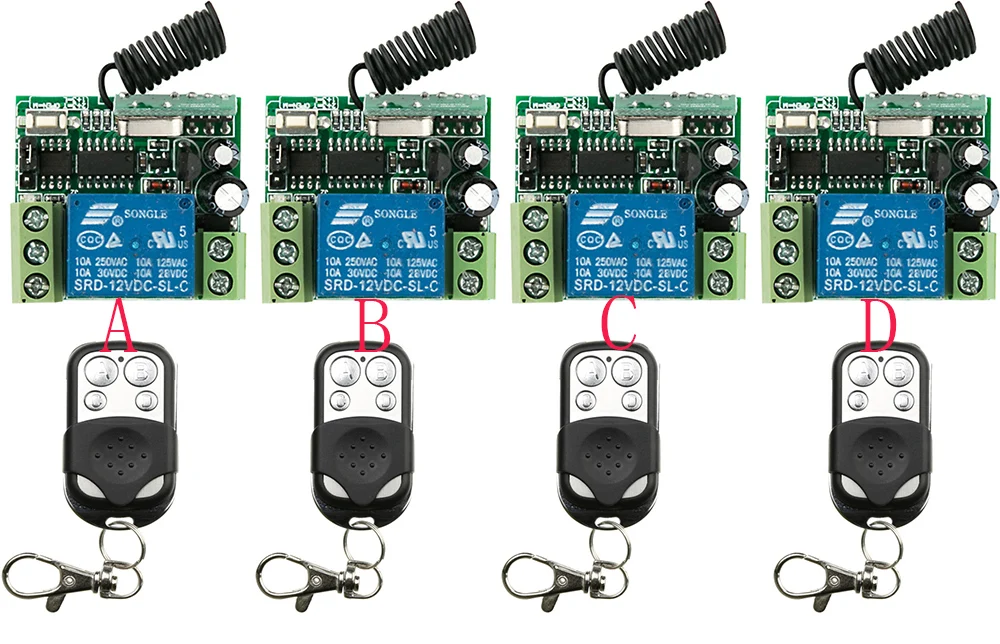 

New DC12V 10A 1CH Radio Controller RF Wireless Push Remote Control Switch 4*Transmitter + 4*Receiver lamp/ window/Garage Doors
