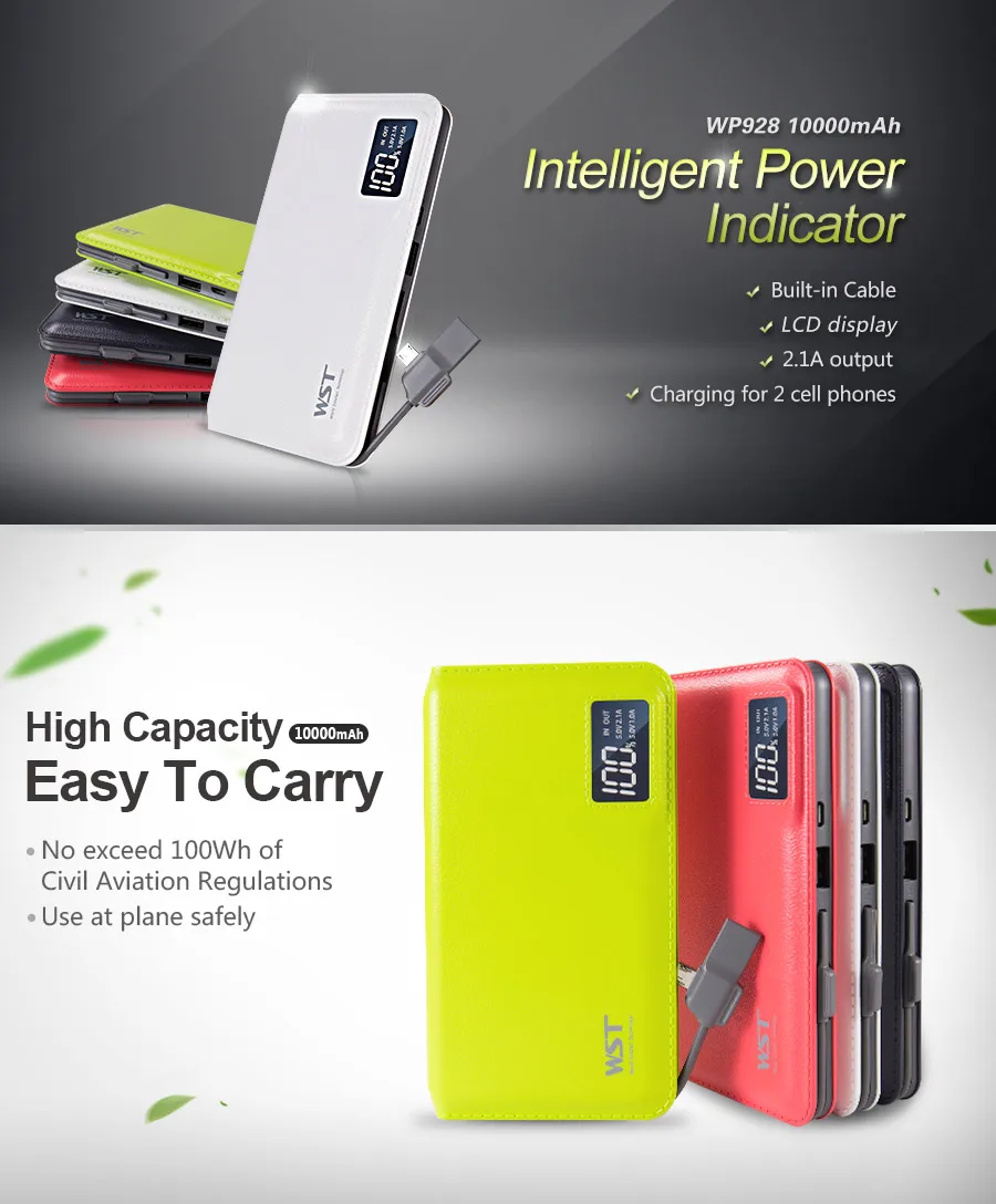 WST power Bank 10000 мАч светодиодный дисплей Портативный внешний аккумулятор Универсальное зарядное устройство USB для телефона со встроенным зарядным кабелем