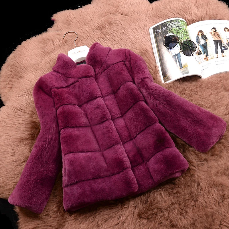 

Wave Cut High Quality Rex Rabbit Fur Jackets Women Stand Collar 9/10 Sleeve Short Design Thick Winter Real Fur Coats Outerwear