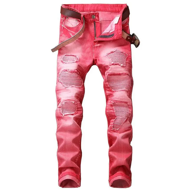 (No Belt) 2018 Spring Punk Style Men's Jeans Fashion Casual New Straight High Elasticity 28-42 Washed Ripped Hole Trousers