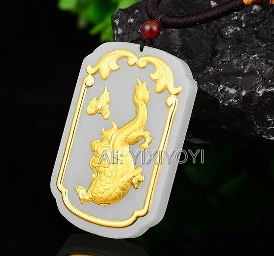 Натуральный белый нефритовый нефрит + 18 К золотой китайский ручной работы дракон