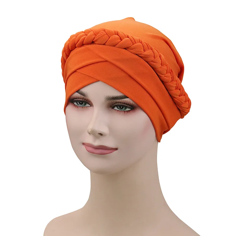 Muslim Women Elastic Cross Silk Braid Turban Hat Scarf Cancer Chemo Beanie Cap Hijab Headwear Head Wrap Hair Cover Accessories