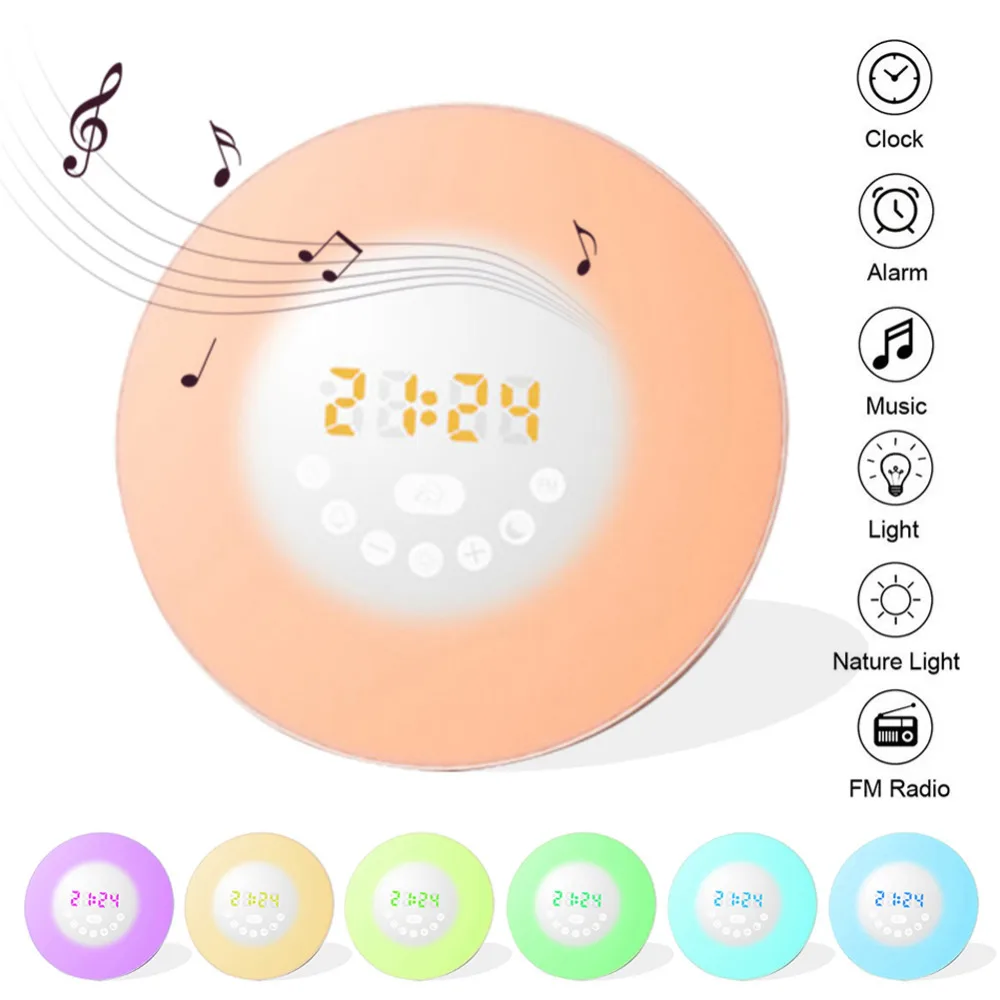 

2018 Multi-functional Radio XH301 Sunrise Smart Awakening Alarm Clock 7 Color LED Music luminous Radio for Smart Home Automation