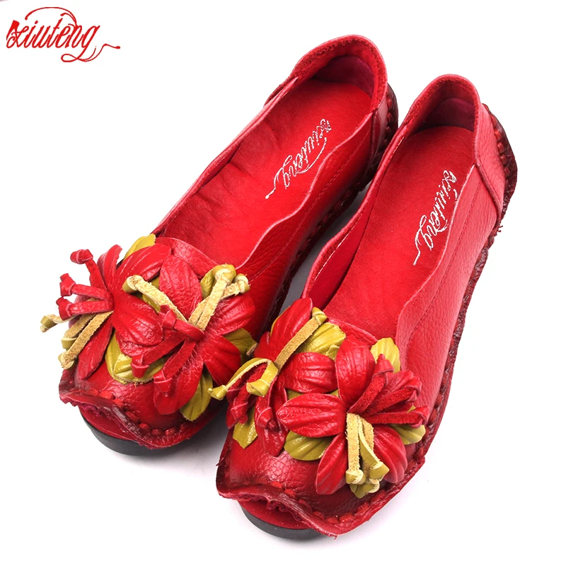 Vente Xiuteng Nouveau Nationale Vent Fleurs À La Main En Cuir Véritable Chaussures Femmes Rétro Doux Fond Plat Chaussures D été Toile Ballet Appartements