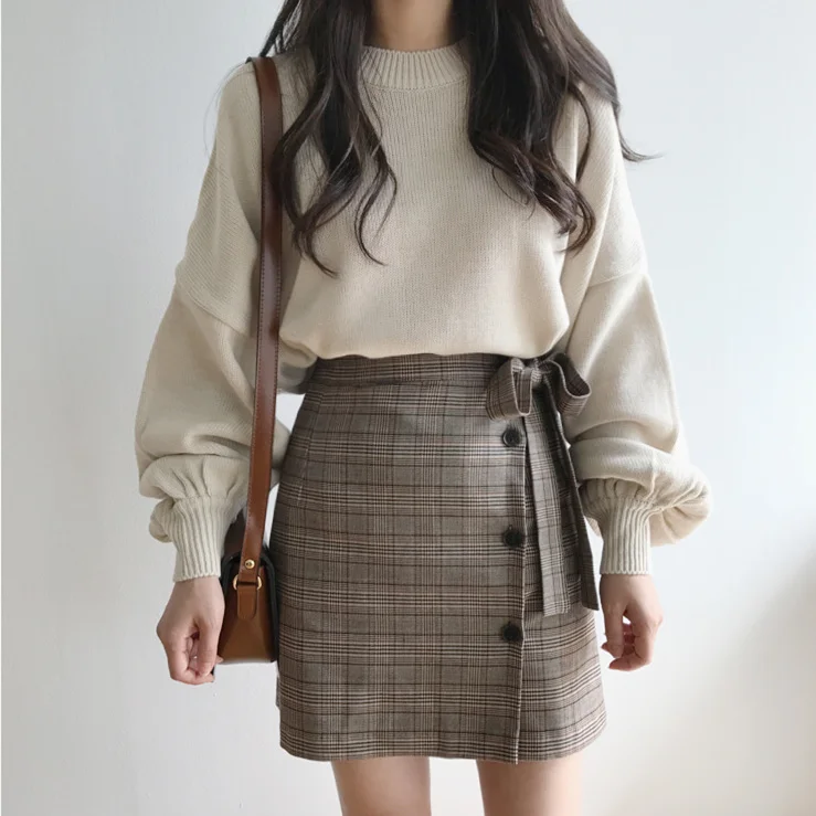 

Sweater Women 2019 Autumn Winter Korean Style Vintage Lantern Sleeve Knitted Pullover Ladies Tops Knitwear sueter mujer 2217