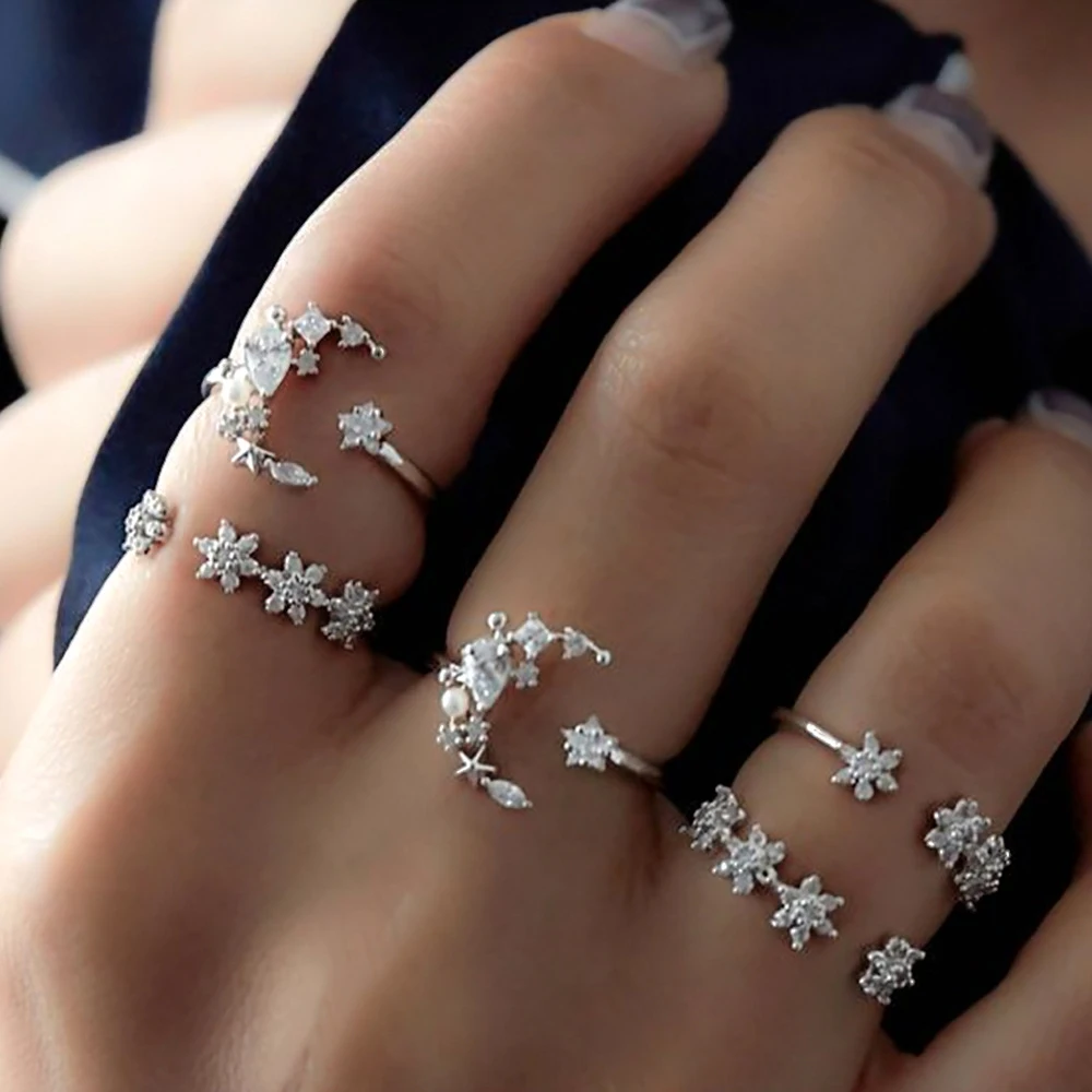 

5PCS/Set Women Girl Silver Rhinestone Crystal Flower Moon Star Ring Set Boho Party Rings Jewelry Gift