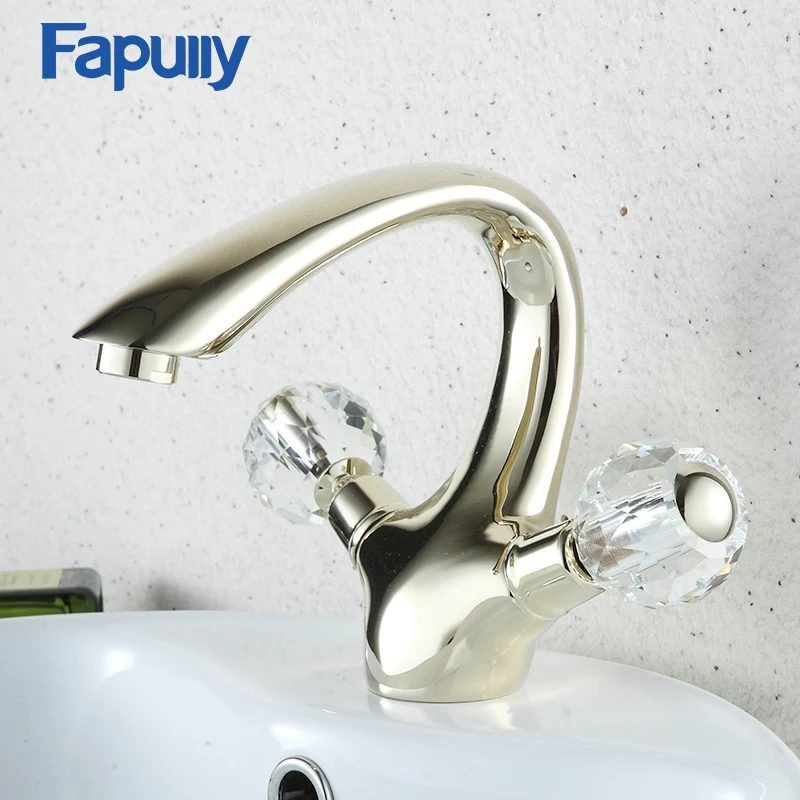 

Fapully Gold Bathroom Sink Faucet Crystal Handles Swan Hot Cold Water Mixer Taps Deck Mounted Dual Handle Basin Faucet 560-11