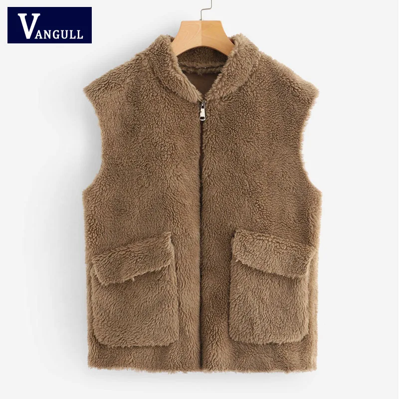 

Vangull New Pockets Sleeveless Fur Coat Jacket 2019 Women Winter Warm Stand Collar Slim Fur Jackets Waistcoat Casual Fur Vest