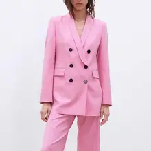 2019 Pink Sexy V Neck Suit Jacket Women Fashion Long Sleeve Double Breasted Suit Women Elegant Pink Jacket Suits