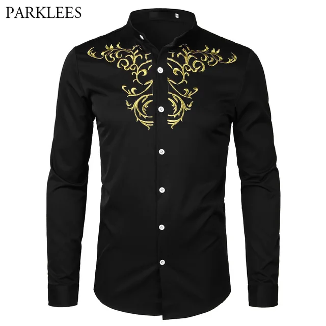 Mens Hipster Gold Embroidery Mandarin Collar Dress Shirt Slim Fit Long ...