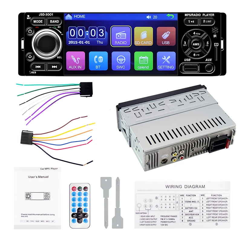 DONGMAO Autoradio 1 DIN JSD-3001 Telecamera per Visione Posteriore Stereo Bluetooth da Auto Touch Screen Stereo a 4.1 Pollici Touch Screen