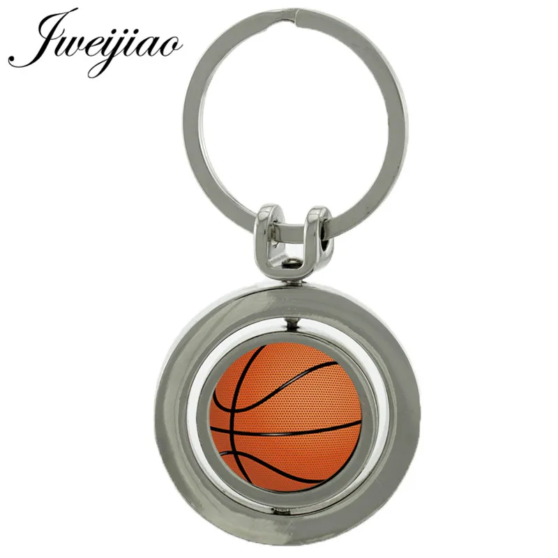 

JWEIJIAO Basketball Revolving Ball Keychain Glass Cabochon Double Sides Rotatable Volleyball Baseball Key Pendant Custom Sp639