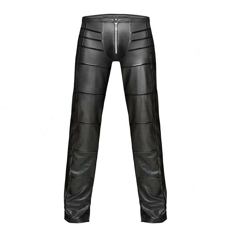 Men's Black Faux Leather Gothic Dark Wetlook Pants Tight Zipper Leggings Costume Club Wear