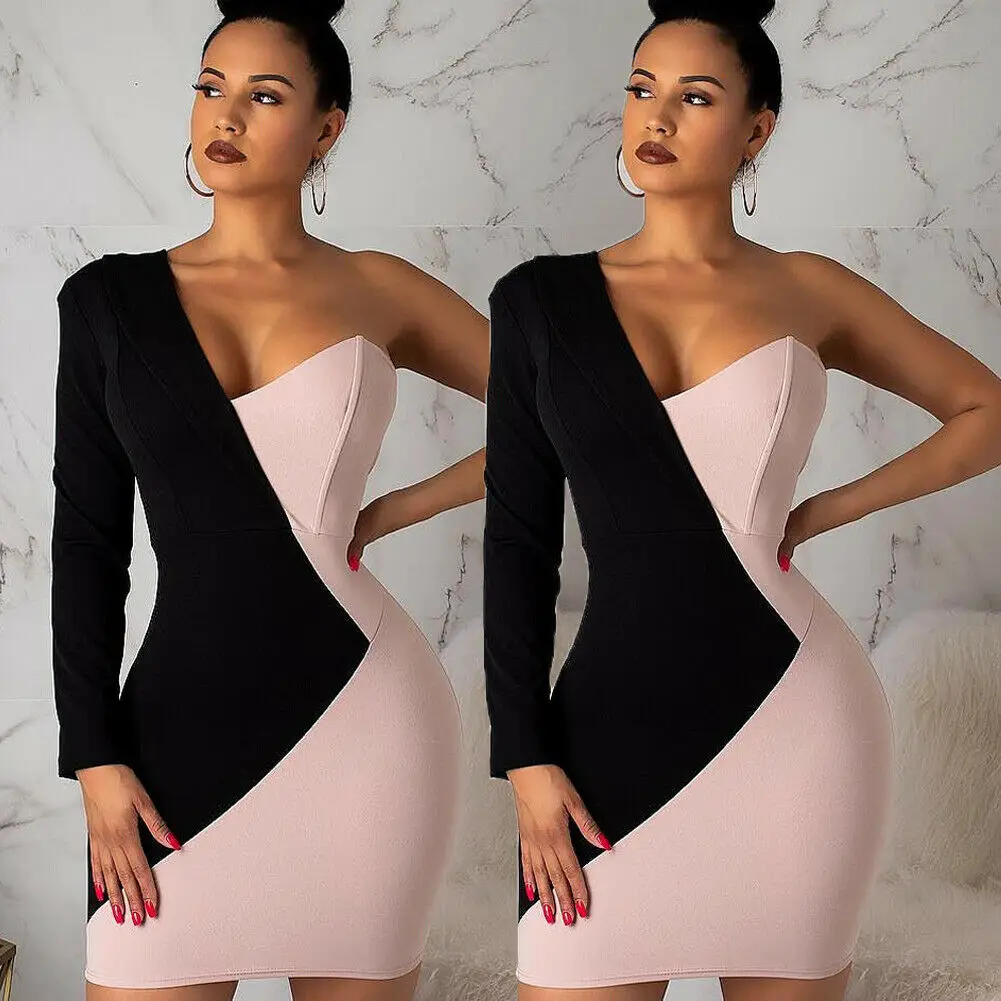 

Women Fashion Summer Dress Sleeveless Bodycon One Shoulder Long Sleeve Party Club Short Mini Dresses