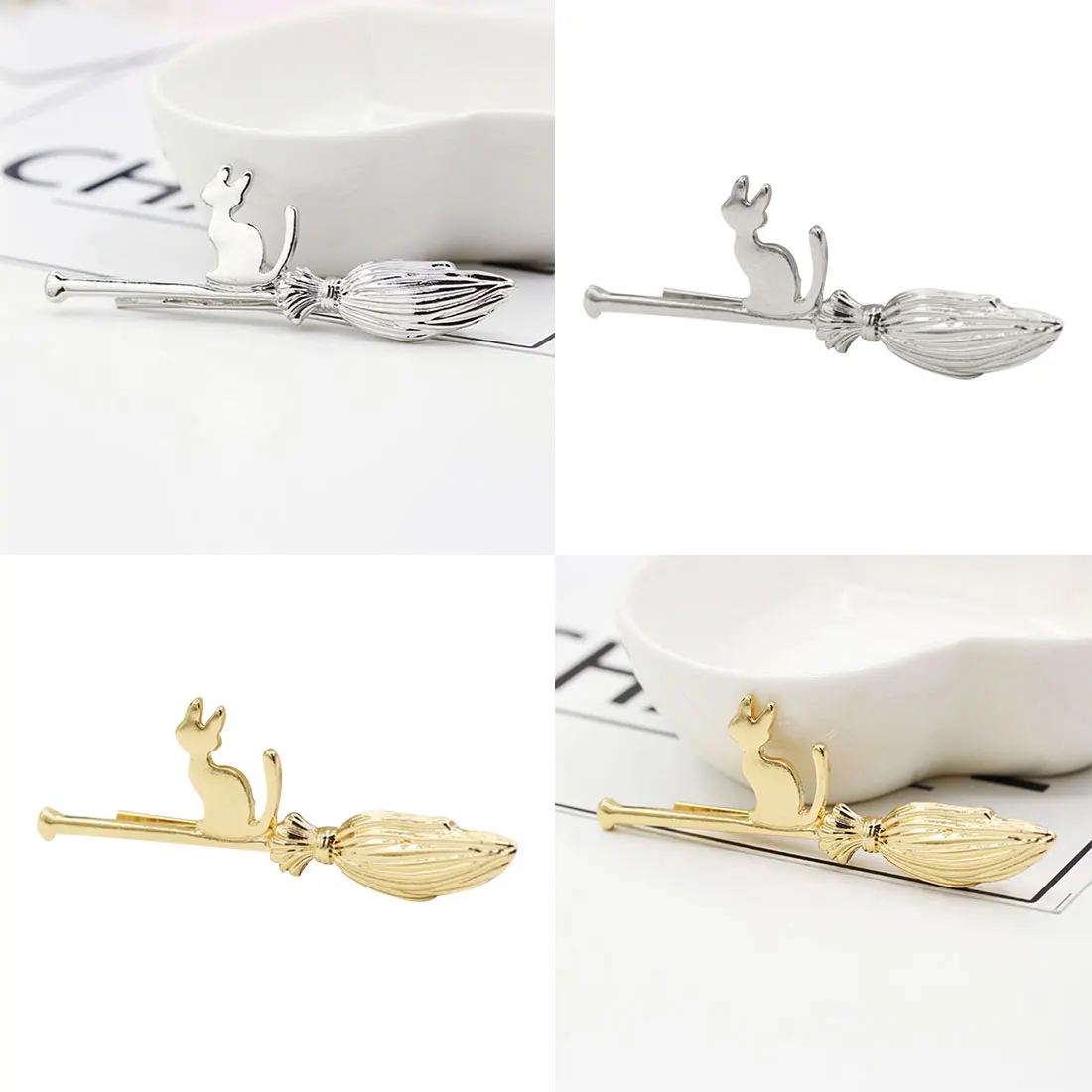 

Hairgrip Halloween Gold/Silver Cat Broom Clip Hairpin Girls Barrette Pins Girls Holder Hair Accessories Hot Sale Fashioh