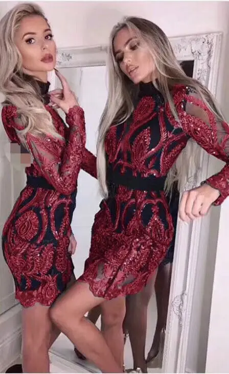 

Women Fashion Sexy Long Sleeve Backless Sequins Red Green Bandage Dress 2018 Knitted Elastic Bodycon Party Dress
