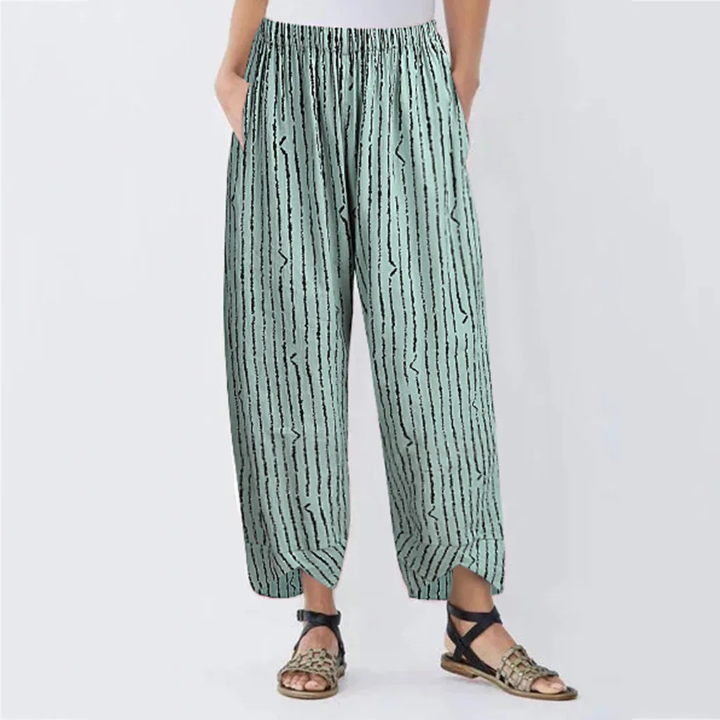 Cargo Pants Women Streetwear Cotton Linen Pant Loose Stripe Trousers Pockets Casual Elastic Band 