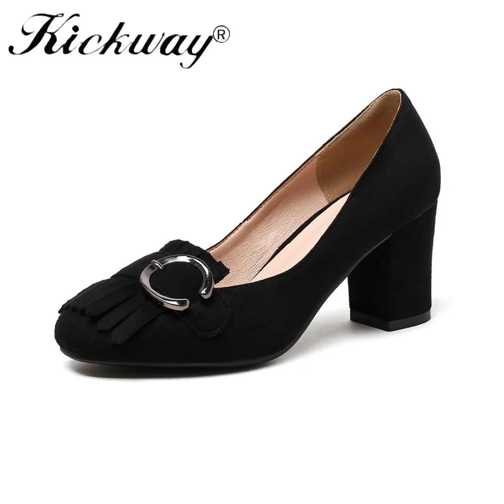 Womens High Heel Pumps Black High Heels Shoes Women Pumps Flock Fringe Trim Buckle Single Woman Dress Shoes Sapato Feminino