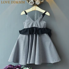 Платья для девочек с надписью LOVE DD& MM коллекция года, новая летняя детская одежда модный клетчатый жилет без рукавов с лямками и оборками для девочек плиссированное платье