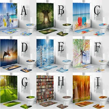 

ISHOWTIENDA 4PCS Non Slip Toilet Polyester Waterproof Cover Mat Bathroom Shower Curtain Set hot sell