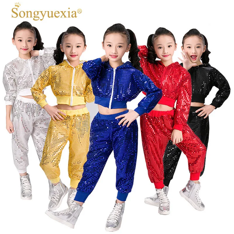 SONGYUEXIA/танцевальный костюм для девочек, новый стиль, расшитый блестками, джазовое танцевальное пальто + штаны, детская одежда для выступлений в стиле хип-хоп - изображение