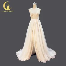 На Реальный Пример сексуальный глубокий v-образный вырез приглашения на свадьбу, бусинки блестки разрез пол Длина платье для вечерние платья