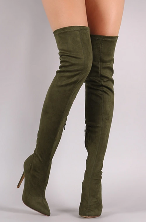 TIMETANG/, новые замшевые эластичные высокие сапоги до бедра на высоком каблуке женские пикантные зимние высокие сапоги выше колена с острым носком, Размеры 35-43 - Цвет: OLIVE