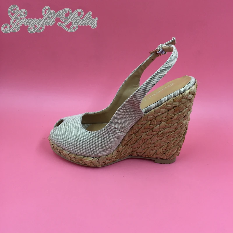Schuh Frauen Peep Schuhe Pumps Sommer Designer Damen Sandale Photo Beige Real Sandalen Toe Plattform Keil Leinwand Heels qE6tpwf0
