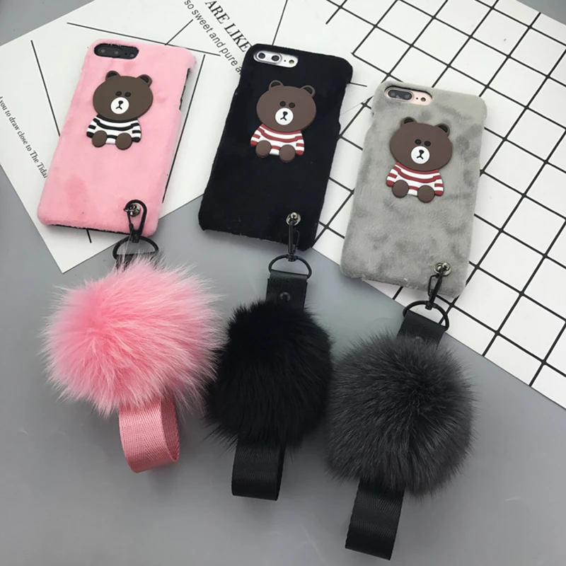 Aoweziic Winter Plush shell 7/8plus mobile phone striped bear protective sleeve 6S fur ball wrist strap For iPhone X XS MAX XR