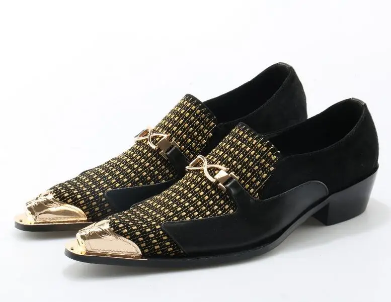 

Eunice Choo Metal Toe Suede Leather Men Dress Loafers Luxury Gold Embroidery Male Party Shoes Fashion Patchwork Chain Flats