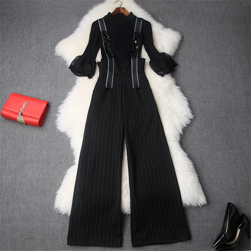 

Top Quality Spring Women's Pants 2Pcs Set 2019 New Knitted Sweater Top+Beading Striped Wide Leg Pants Suit Set Overalls Outfits