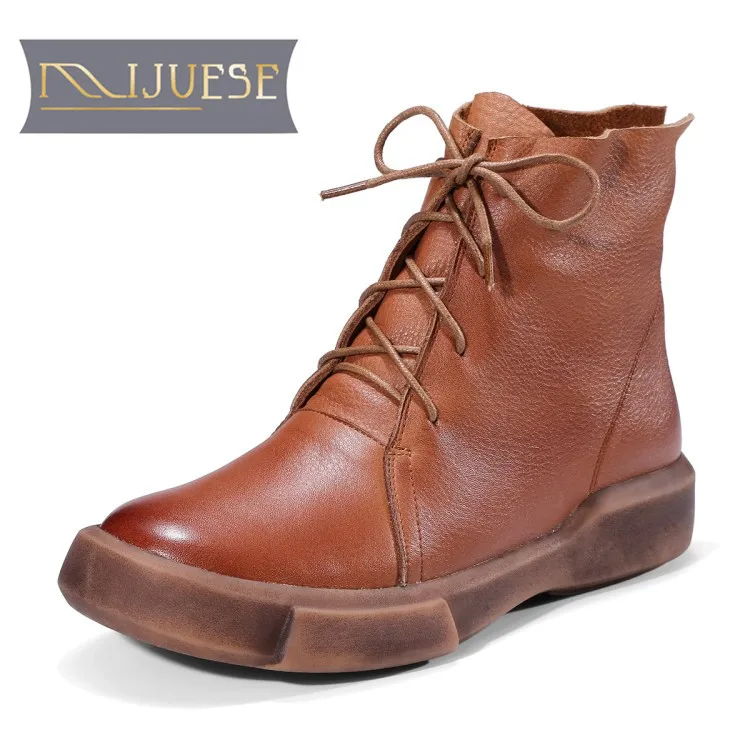 

MLJUESE 2019 women ankle boots soft cow leather lace up black color retro style autumn flat boots low heel women martin boots