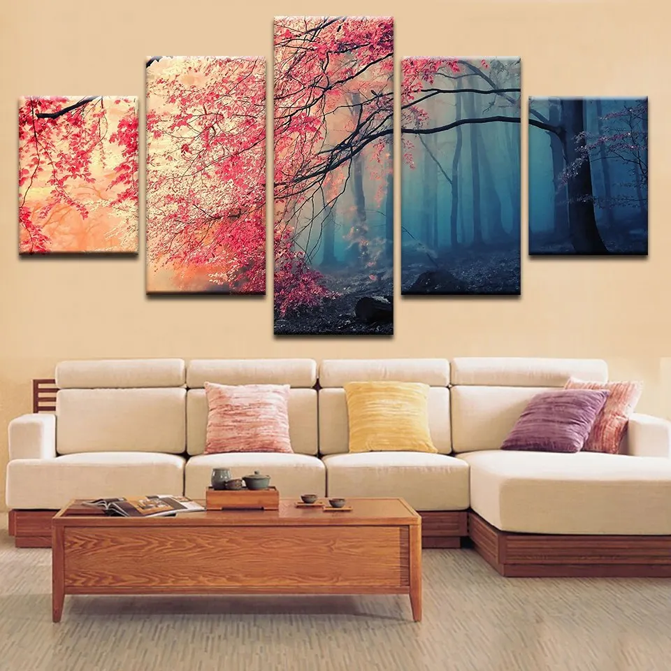 

Spray 5-Pieces Modern Waterproof Canvas Red tree Landscape Painting Wall Art The Picture For Home Decoration Unframed