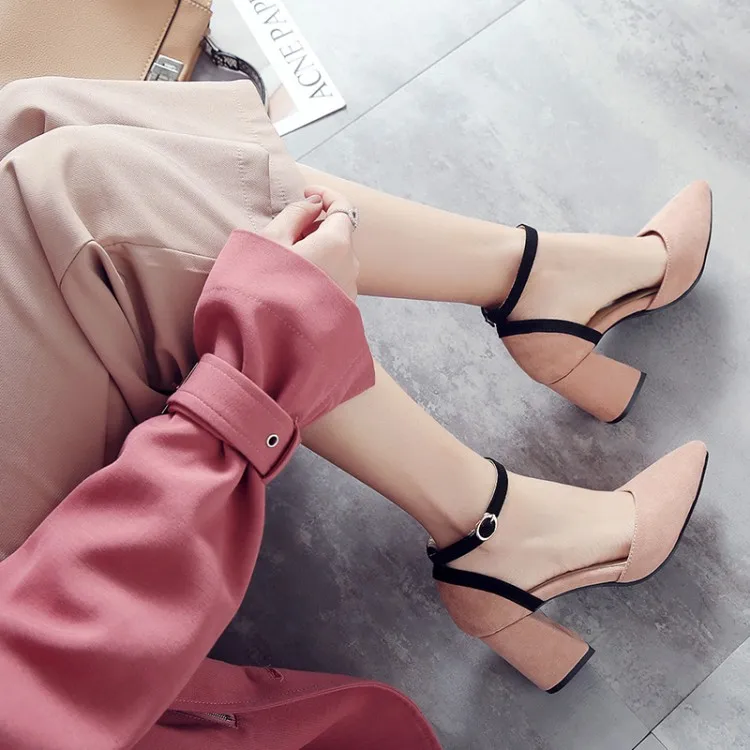 

Big Size 11 12 13 14 15 ladies high heels women shoes woman pumps Rough-heeled square-headed buckled single shoes
